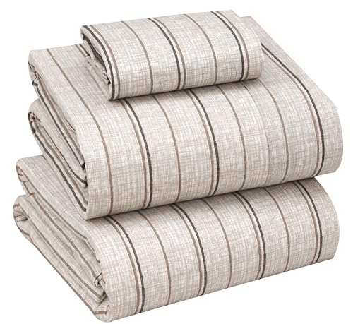RUVANTI 100% Cotton Sheets – Twin Size Percale Bedding, Cooling & Breathable Floral Design, Durable with a Crisp, Soft & Comfortable Feel, 16" Deep Pocket, 3-Piece Set, Brown Stripes
