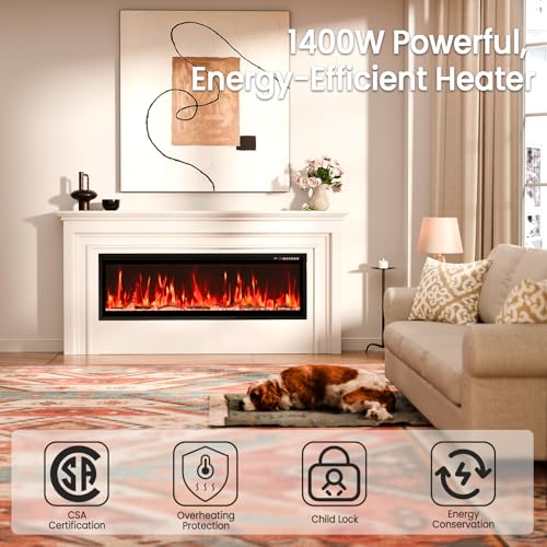 60” Smart Electric Fireplace with Voice Control, Realistic Flame, Crackling Sound, Wall Mounted or Recessed Fireplace Insert, App/Remote Control, Logs & Crystals Included for Living Room, Bedroom Rresyet