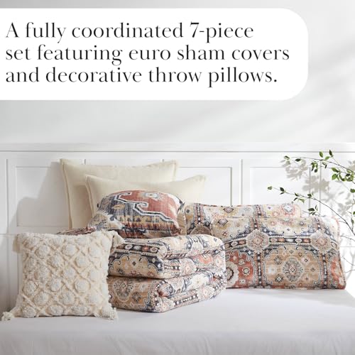 Southshore Fine Living, Inc. Full or Queen Size Quilt Set, 7-Piece with 2 Pillow Shams, 2 Euro Shams, Throw Pillow & Throw Cover, Boho Bedding Set, Queen/Full Size Quilts for Bed, Kilim Natural Southshore Fine Living, Inc.