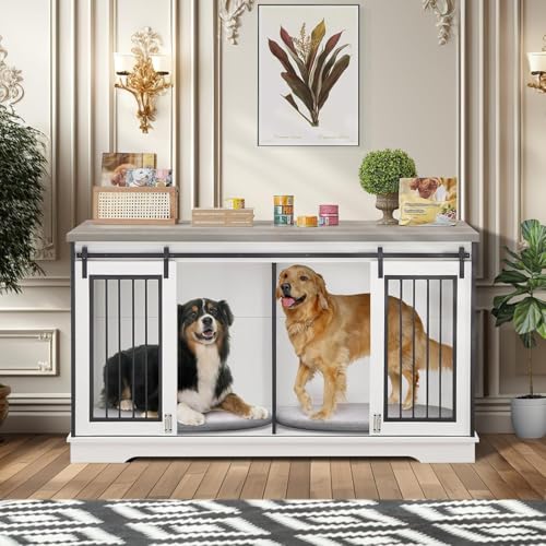 Yafylly 60.6" Double Dog Crate Furniture, Heavy Duty Dog Kennel with Divider, Durable Dogs Crate as TV Stand with Sliding Door, XXL Wooden Dog Kennel for 2 Dogs (White Yafylly
