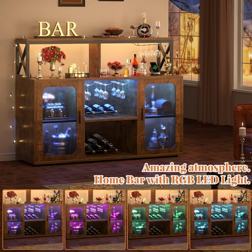 Aheaplus Bar Cabinet with Power Outlets, Liquor Cabinet with Led Lights and Glass Holder, Storage Buffet Cabinet Coffee Bar Cabinet for Liquor, Wine Cabinet with Racks, RustivBrown Aheaplus