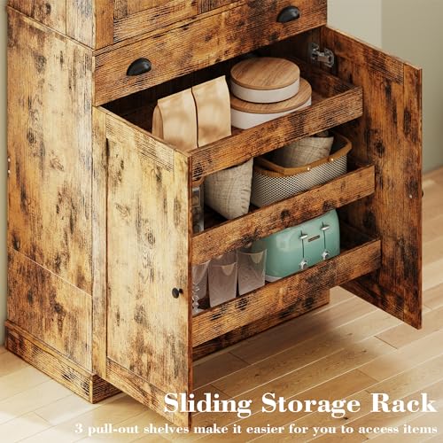 IRONCK Kitchen Pantry Cabinet with Sliding Storage Rack and 6 Hanging Shelves, 72" Height Tall Freestanding Cupboard for Living Room, Dining Room, Laundry, Vintage Brown IRONCK