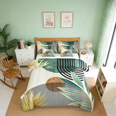 Erosebridal 7 Piece Boho Mid Century Bedding Sets Full Modern Abstract Geometric Comforter Set for Women Men,Retro Minimalist Aesthetic Bed in a Bag Line Art Sheet Set with Comforter,Green