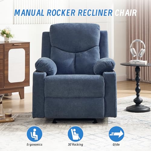 Sftaiyou Manual Rocker Recliner Chair for Adults with Massage, Overstuffed Glider Rocking Chair with Cup Holders and Pockets for Living Room, Reclining Sofa Chair for Bedroom Nursery,Navy Blue