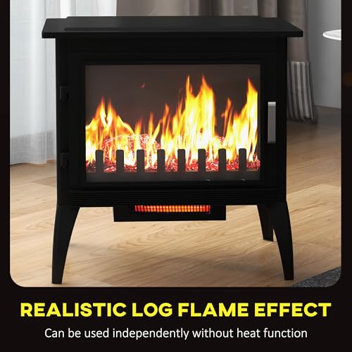 HOMCOM 24" Electric Fireplace Stove, Freestanding Infrared Fire Place Heater with Realistic Logs Flame, Adjustable Temperature, Overheat Protection, 1000W/1500W, Black HOMCOM