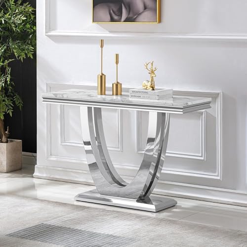 White Marble Console Table with Mirrored Stainless Steel U-Shaped Base, Faux Marble Top, Modern Design for Entryway, Hallway, Living Room, Silver Kootlena