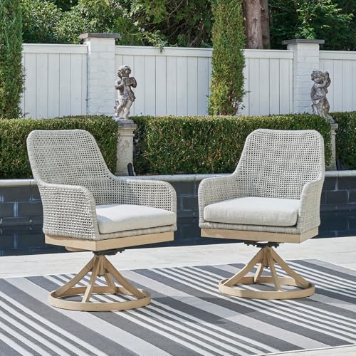 Signature Design by Ashley Seton Creek Cottage Weather Resistant Outdoor Swivel Dining Chair with Cushion, Set of 2, Light Brown & Light Gray Signature Design by Ashley