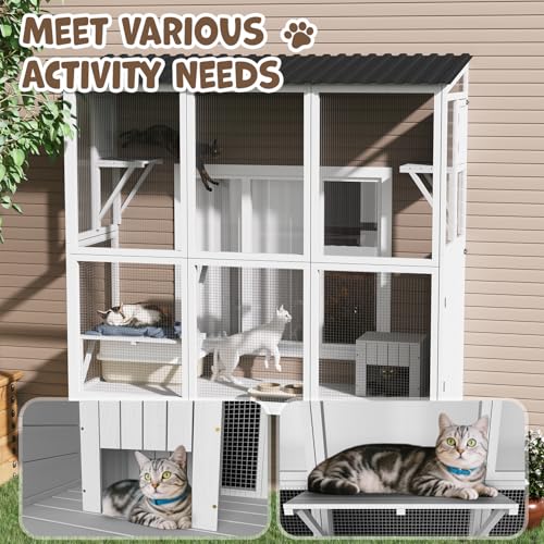 JFHID Catio Outdoor Cat Enclosure with Window Access, Large Window Catio Wood Cat House with 4 Platforms & 3 Doors for Napping & Nature Viewing – All-Weather Pet Cage for Indoor Cats, White JFHID