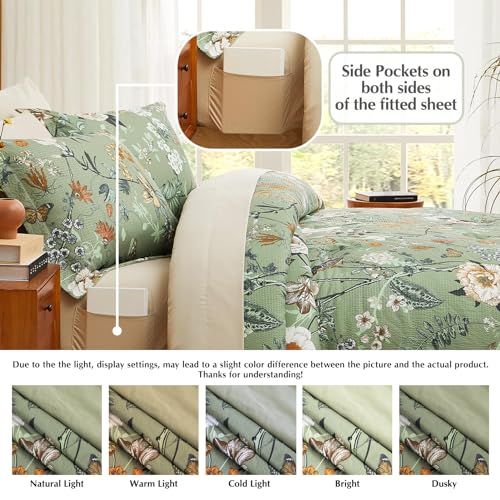 CASAAGUSTO King Size Comforter Set - 7 Pieces Green Floral Bedding Sets, King Bed in a Bag with Botanical Butterfly Comforter, Sheets, Pillowcases & Shams for All Seasons CASAAGUSTO