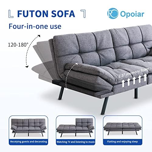 Opoiar Fabric Futon Sofa Bed, Memory Foam Couch Convertible Loveseat, Sleeper Sofa Modern Futon Sets for Small Apartments, Compact Living Space, Office (Grey) Erdoru
