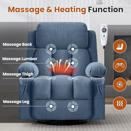 MAHOMICO Swivel Rocker Recliner Chair with Vibration Massage and Heat for Living Room,with Rocking Function and Side Pocket, USB Charge Port,2 Cup Holders MAHOMICO