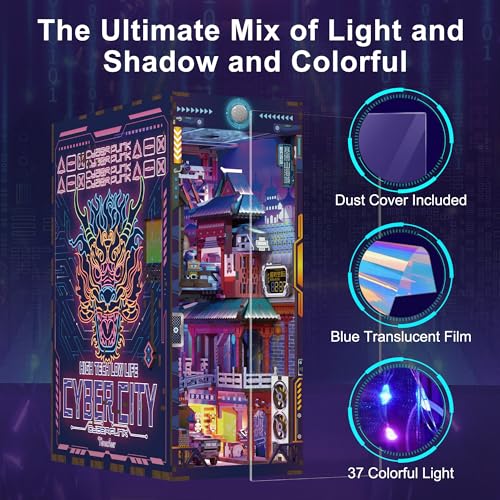 Tonecheer DIY Book Nook Kit for Adults, Wooden 3D Puzzle Bookend Bookshelf Insert Decor, Cyber Punk Booknook Miniature House Kit with Dust Cover and Body Motion Sensor LED (Cyber City)