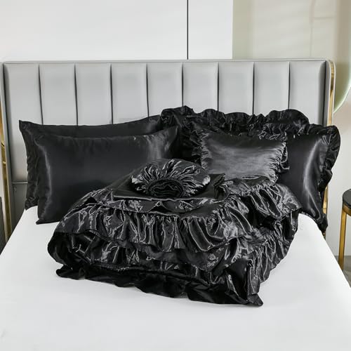 Black Satin Comforter King Size,Ruffle Bedding Set,Silk Like Satin King Comforter Set with Sheets,Silky Black Bedding Bed in a Bag,Soft Smooth Satin Sheets,8 Pcs Ruffled Luxury Comforter Set Bedbay