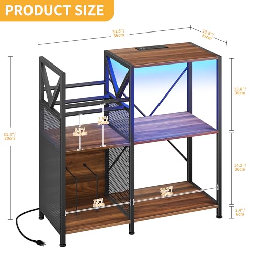 DWVO 3-Tier Vinyl Record Stand with Power Outlets & RGB LED Lights – Holds 300+ Albums, Sturdy Metal Frame Turntable Table for Living Room, Walnut Finish Media Storage Cabinet DWVO