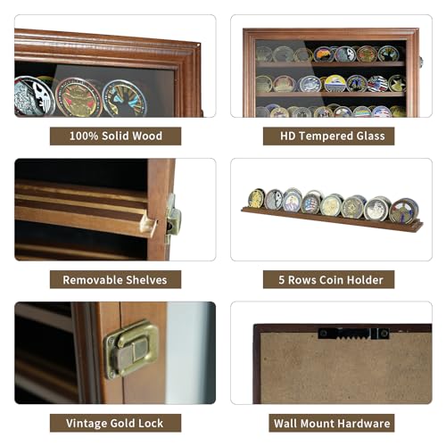 DecoWoodo 7 Rows Challenge Coin Display Case - Holds 100 Coins, Solid Wood Military Coin Holder Display Cabinet with HD Glass, Wall Mountable Shadow DecoWoodo