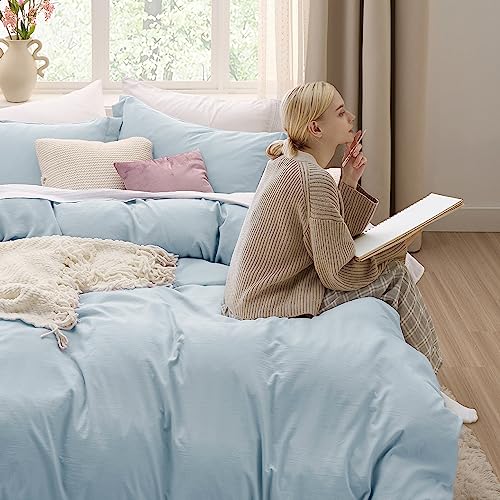 Bedsure Sky Blue Duvet Cover Twin/Twin XL Size - 2 Pieces Prewashed Cotton-Like Polyester Extra Soft Bedding Set, Includes 1 Twin Duvet Cover 68x90 In with Zipper Closure & 1 Pillow Sham, No Comforter Bedsure