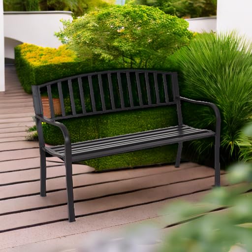 Giantex Outdoor Bench, 50” Patio Garden Bench with Steel Frame, Slat Design, 500 Lbs Weight Capacity, Patio Seating Bench for Porch, Backyard, Poolside, Outside Decor Furniture, Park Loveseat, Black Giantex