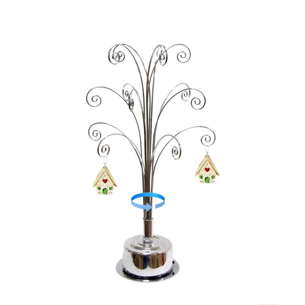 HOHIYA Ornament Tree Display Stand Rotating Holder Hanger 16.75 Inch Wire Hook Hanging Metal for Christmas Swarovski Crystal Glass Decorations Gift Taiwan Made Silver HOHIYA