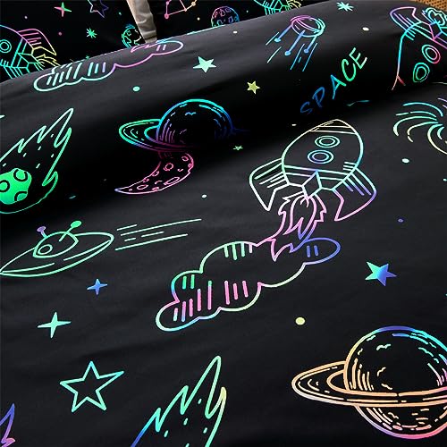 Aimuan Space Bedding Twin Bed Comforter Kids Rocket Bedding Set Super Soft & Cute Aliens UFO Printed for Boys Girls Teen (Black, Twin) Aimuan
