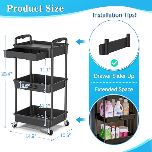 SUNALLY 3 Tier Rolling Cart with Drawer, Bathroom Storage Organizer with 2 Lockable Wheels, Multifunctional Rolling Storage Cart for Bathroom, Kitchen, Office, Craft, Makeup, Baby Essentials, Black