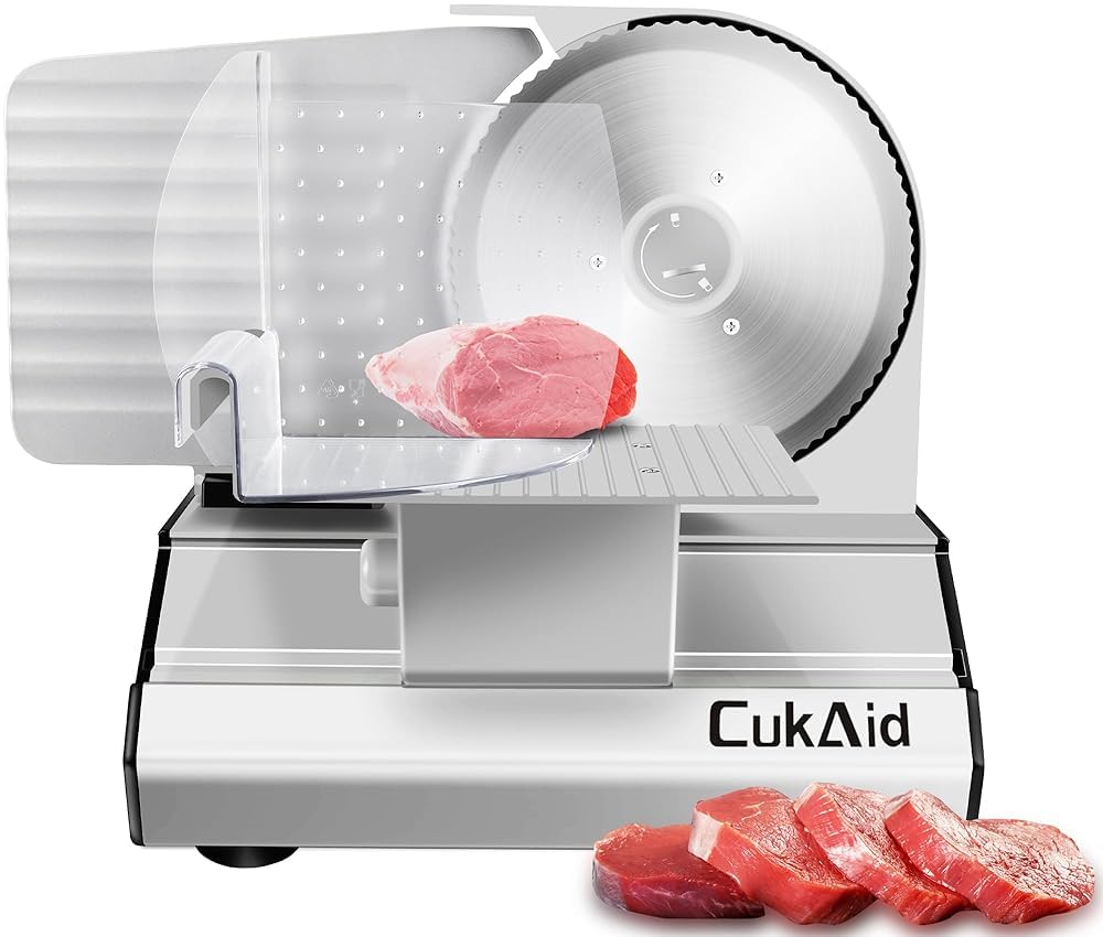 Electric Meat Slicer, 200W Meat Slicer Machine for Home Use, Deli Food Slicer, Meat Cutter Machine, Aluminum,Dishwasher Safe, Removable Blade & Food Carriage and Pusher, 7/8 Inch Adjustable Thickness CukAid