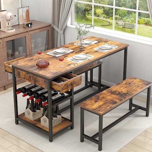 Dining Table Set for 4-6 People, 54.7" Kitchen Dinner Table with 2 Bench, Dining Room Tables Set with Storage Drawer & Shelf, 3-Piece Breakfast Nook Tables with Wine Rack &Glass Holder (Rustic) Gyfimoie