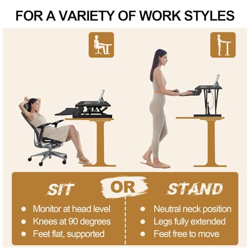 OUKMIC Standing Desk Converter 32” Height Adjustable Sit to Stand Up Desk Riser with Keyboard Tray for Home or Office, Dual Monitor and Computer Workstation Wide 2-Tier Desktop, Black OUKMIC