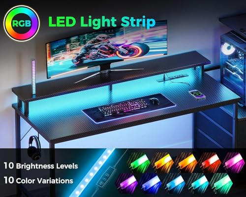 Casaottima 59 Inch Gaming Desk with USB Charging Ports & LED Light - Reversible Computer Desk with 3 Fabric Drawers, Monitor Stand, CPU Stand, and Side Hook, Modern Office Desk, Pure Black Casaottima