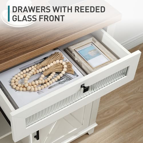 RALGEND Farmhouse Buffet Cabinet with LED Lights, 47" Coffee Bar Cabinet with Power Outlet, Kitchen Buffet Cabinet with 2 Drawers, Sideboard Cabinet, Sliding Barn Doors, White and Walnut 12CBUDWH RALGEND