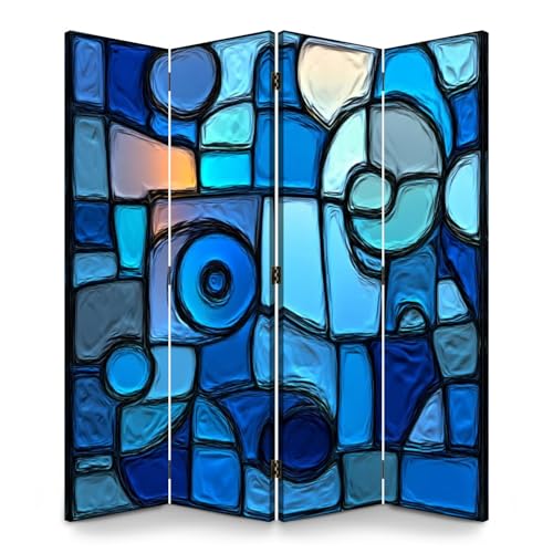 4 Panels Folding Screen Room Divider Abstract Stained Glass Mosaic Blue Spirals Canvas Screen Room Separator Freestanding Protective Decorative Divider Privacy Partition VETEB