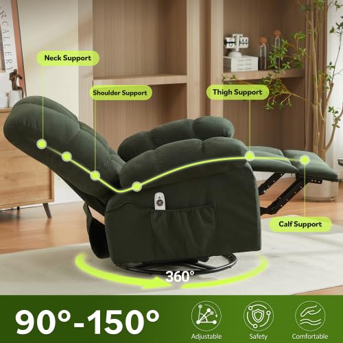 Oversized Recliner Chair for Adults w/ 8-Point 3D Kneading Massage and Lumbar Heating, Swivel Rocker Recliner w/USB Charge Port for Living Room, Ergonomic Lazy Boy Single Sofa Chair (Green)