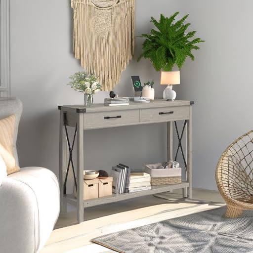 IDEALHOUSE Console Table with 2 Drawers, Farmhouse Entryway Table with Storage Shelf, Accent Wood Sofa Table for Living Room, Hallway, Foyer-Grey IDEALHOUSE