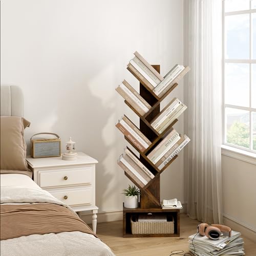 Hoctieon Rustic Brown 6-Tier Tree Bookshelf with Drawer - Stylish Freestanding Storage Solution for Home & Office Hoctieon