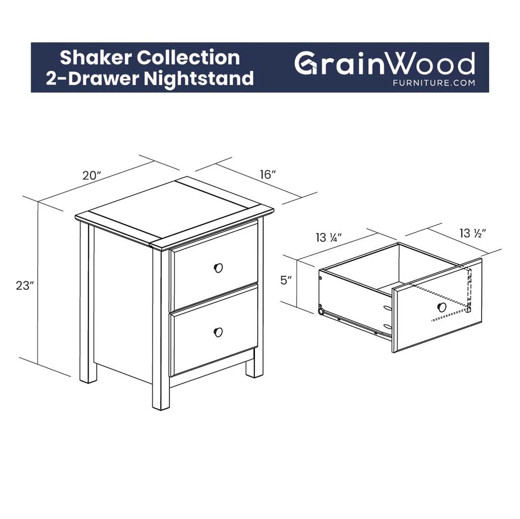 Grain Wood Furniture Shaker 2-Drawer Bedside Nightstand, Solid Wood with Walnut Finish Grain Wood Furniture