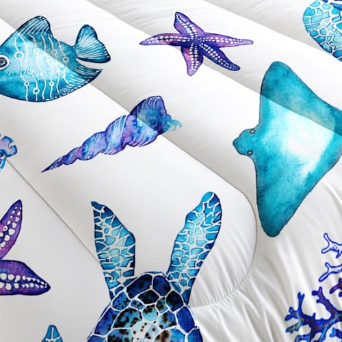 XYNHML Blue Sea Turtle Comforter 3Pcs Ocean Bedding Set Twin Coral Starfish Shell Fish Bedding Set for Kid Teen Girl Boy Adult Bed Decor Conch Manta Ray Quilt with 1 Comforter and 2 Pillowcases XYNHML