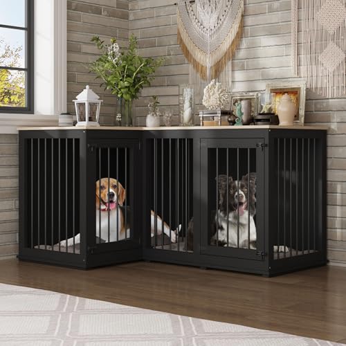 Lovinouse Corner Dog Crate Furniture for 2 Dogs, Indoor Wooden Furniture Style Heavy Duty Large Dog Kennel House with Double Rooms & Divider for Large & Medium Dogs, Black Lovinouse