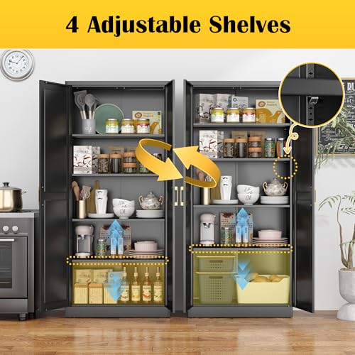 SteeLoong Kitchen Pantry Cabinet,71”Black Metal Pantry Storage Cabinet with Doors and 4 Adjustable Shelves,Kitchen Cabinet with 2 Gold Handles,Tall Cabinet for Livingroom,Pantry, Bathroom SteeLoong
