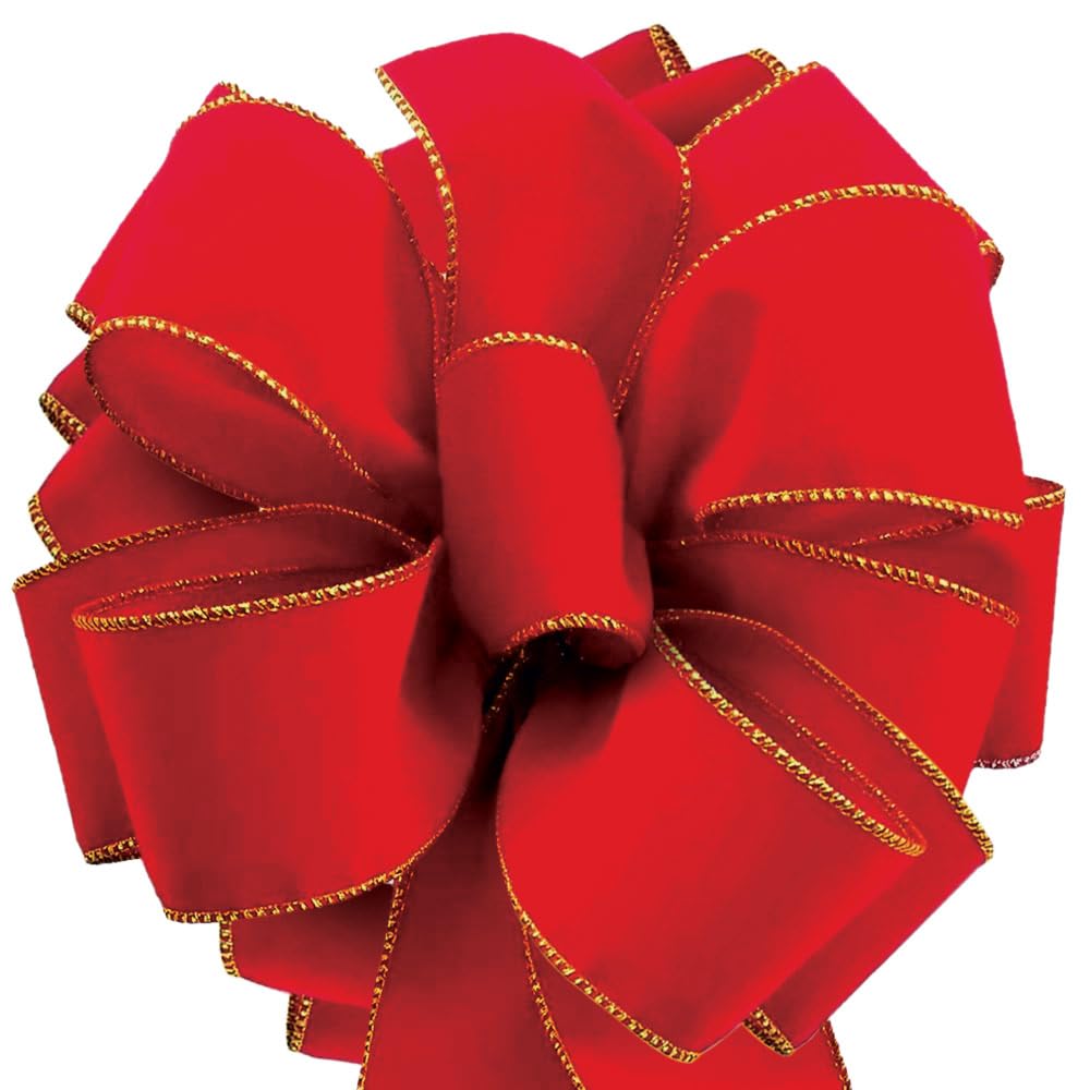 Red Velvet Ribbon Velvet Christmas Ribbon Red Wired 50 Yards/2.5 (2 1/2) Inch Wide w. Gold Trim Wire-Edge: Valentine, Xmas Gift Wrap, Christmas Tree Bows/Outdoor/Wire Ribbons for Crafts/Gifts OLYPHAN