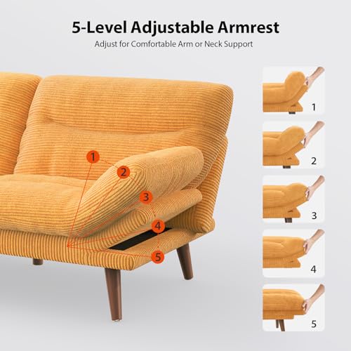 Pipishell Futon Sofa Bed, Modern 66" Futon Couch Convertible to Bed & Lounger, Compact Size, Corduroy Loveseat, Durable Construction - Fits Small Spaces, Apartments,Study Room (Yellow, 66 Inch) Pipishell