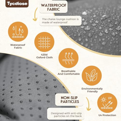 Tycdiose Outdoor Chaise Lounge Chair Cushion Waterproof 74.4 x 22 x 4.7 Inches Memory Foam Lounge Chair Cushions Replacement for Outdoor Furniture with Ties, Thickened Pool Lounge Chair Cushions, Grey Tycdiose