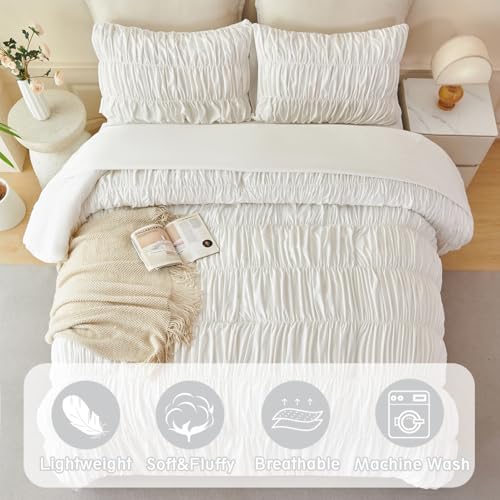 PERFEMET White Bedding Queen Size Set, 5 Pieces Fluffy Ruched Comforter (90"x90"), Luxury Soft Boho Chic Ruffled Bed in a Bag with Sheet, All Season Farmhouse Pleated Texture Bed Sets(White, Queen) PERFEMET