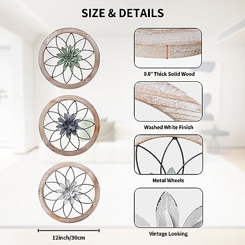 Paquesta 3 Piece Round Farmhouse Wall Decor with 6 Piece Interchangeable Flowers 12'' Medallion Wood & Metal Rustic Wall Art for Living Room Bedroom Kitchen Bathroom Dining Room Home Decorations Paquesta