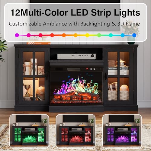 YESHOMY Glass Fireplace TV Stand for Televisions up to 65", Media Entertainment Center Console Table with Led Lights, Black YESHOMY