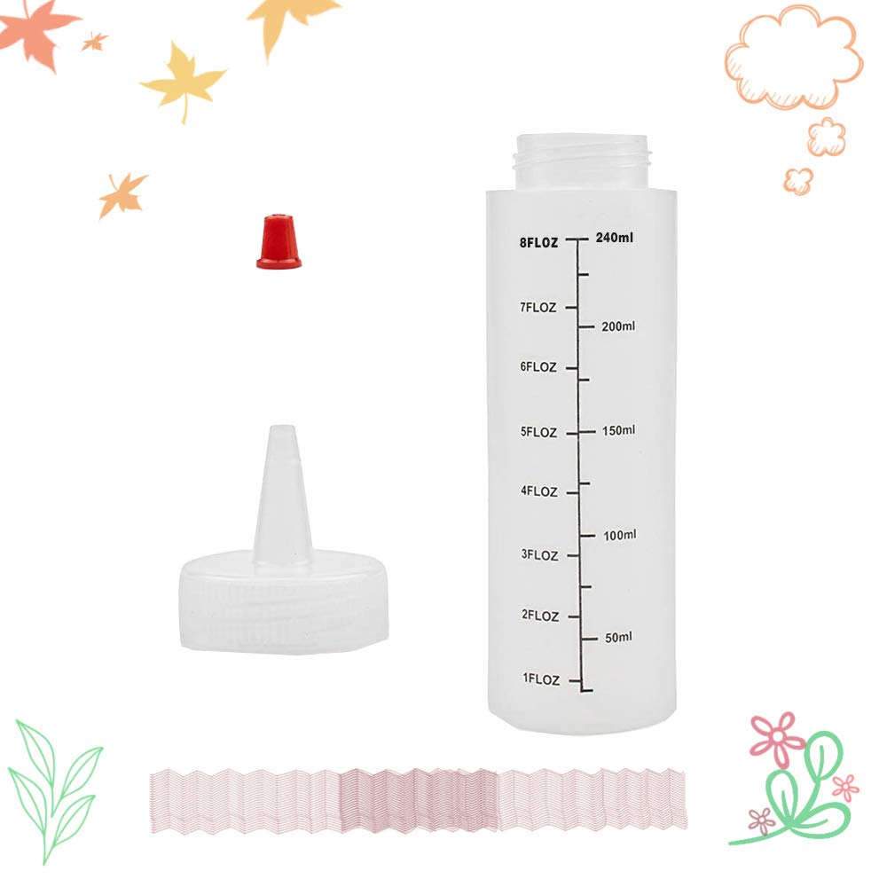 Baaxxango 12 Pack 8oz/240ml Plastic Squeeze Bottles,Scale Plastic Squirt Bottle,Polyethylene Durable Plastic with Red Tip Cap and Black Scale for Ketchup,Sauces,Syrup,Dressings,BBQ,Crafts and More Baaxxango