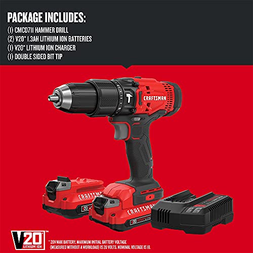 CRAFTSMAN V20 Cordless Hammer Drill Kit, 1/2 inch, 2 Batteries and Charger Included (CMCD711C2) CRAFTSMAN