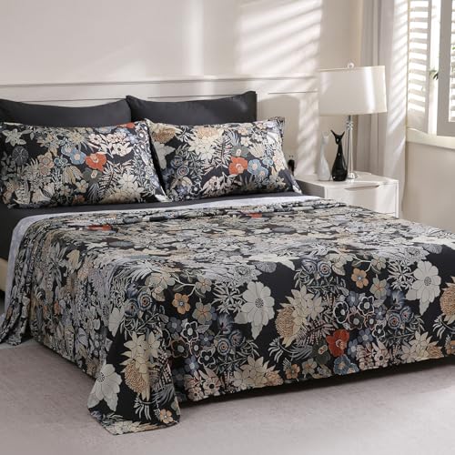 LONAVA Flower King Size 6 Pcs Sheet Set, Breathable Microfiber Deep Pocket Black Fitted Sheets, Comfy & Breathable Patterned Flat Sheets,4 Gentle Soft Pillowcases, Midnight Blossoms LONAVA