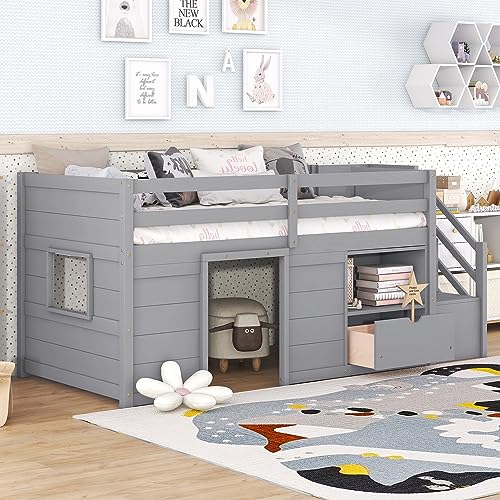 Bellemave Twin Low loft Bed for Kids,Wood Loft Beds,Modern Farmhouse Twin loft Bed with Storage, No Box Spring Needed, for Kids,Gray Bellemave