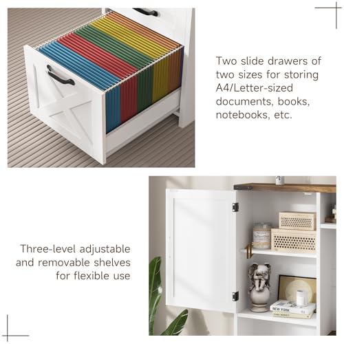 Vabches 51" Executive Desk Farmhouse Home Office Desk with Charging Station, LED Light, File Drawer, Storage Cabinet, Monitor Stand, Wood Computer Desk with Hutch for Work Study Writing (White) Vabches