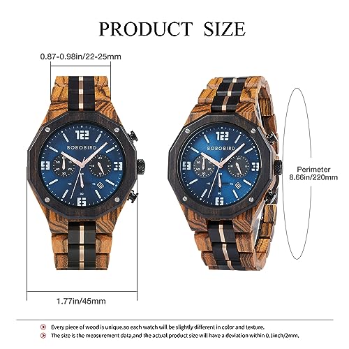 BOBO BIRD Men's Wooden Watch Sport Fashion Wristwatch Casual Chronograph Quartz Watches Men's Wood Stainless Steel Strap Watch with Date Display (Blue) BOBO BIRD