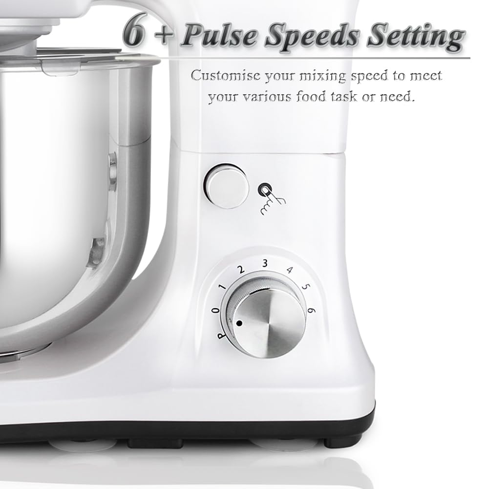 MURENKING Stand Mixer 5-QT, 6+P Speed Tilt-Head Food Mixer 300W Dough Mixer with Stainless Steel Bowl,Dough Hook,Flat Beater&Whisk Electric Kitchen Mixer for Household Baking, Anti-Slip(Pearl White) murenking